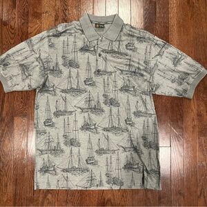 Bobby Jones Men’s Cotton Golf Polo Shirt Ship Boat Nautical Print Gray Sz. L VTG